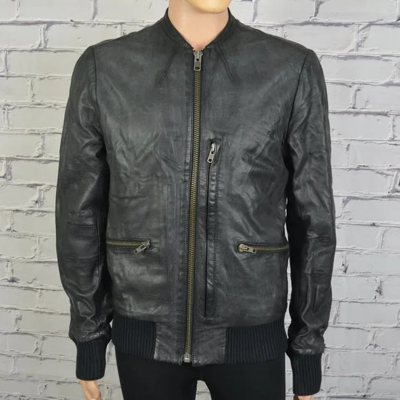 Mens All Saints Leather Bomber Jacket Motorcycle cafe racer Jacket size 43